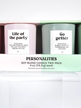 2 Soy Blend Candles Personalities 4oz Ea. Glass Jar Tropical & Champagne Fun NIB